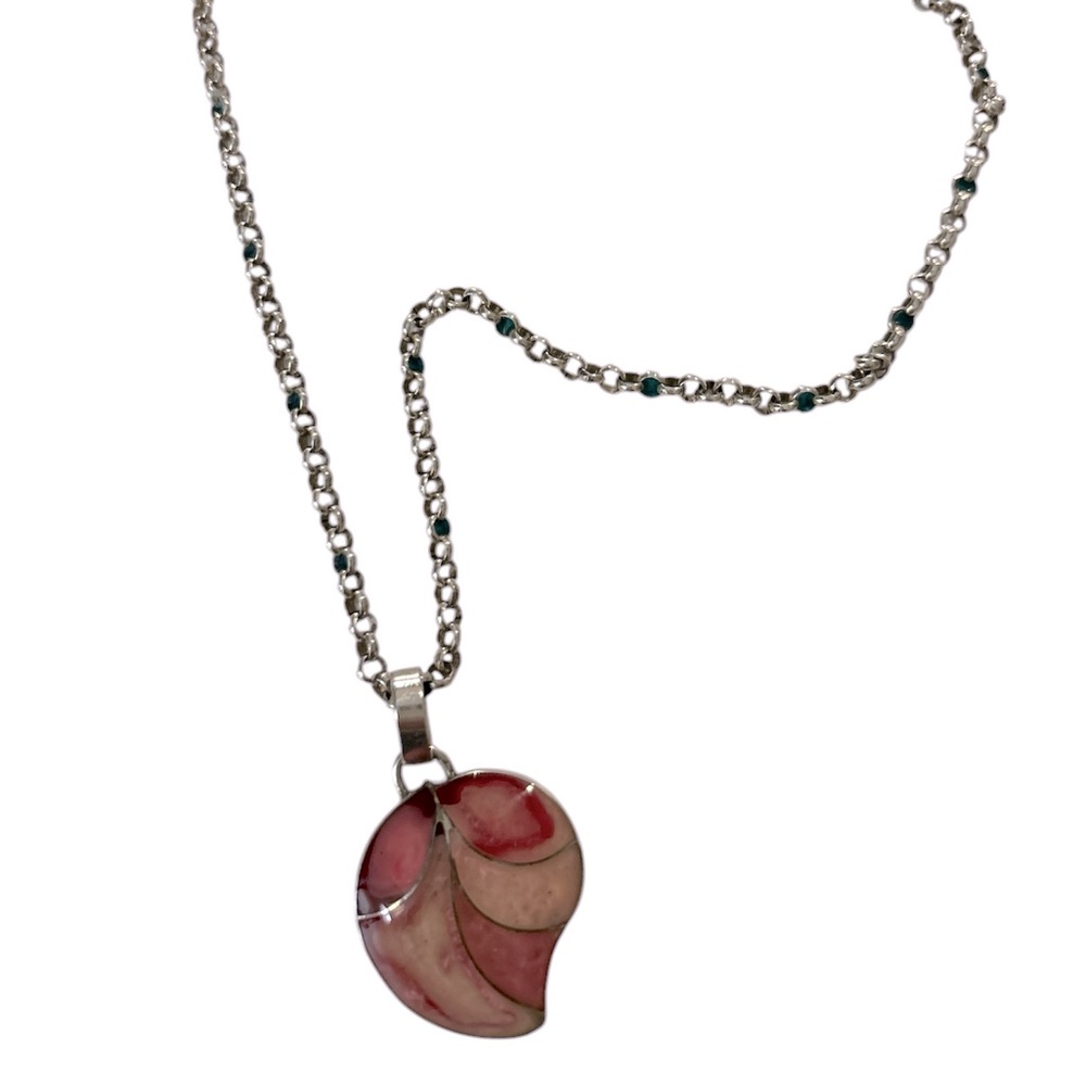 Vintage Mexican 925 silver pendant pink shell with sterling Italy necklace